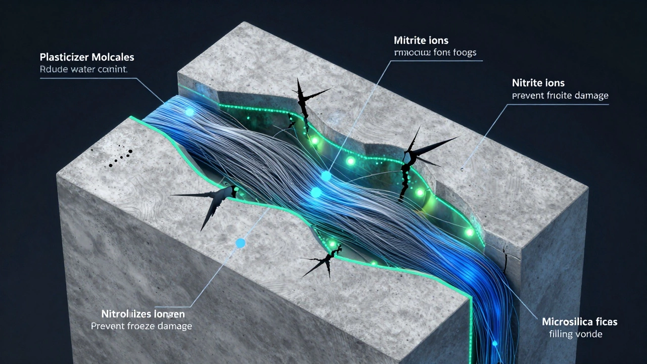 Микроструктура бетона с волокнами и гидрофобными пленками, блокирующими трещины.