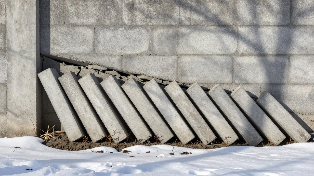 Обрушившийся забор из бетонных блоков после зимнего пучения грунта.