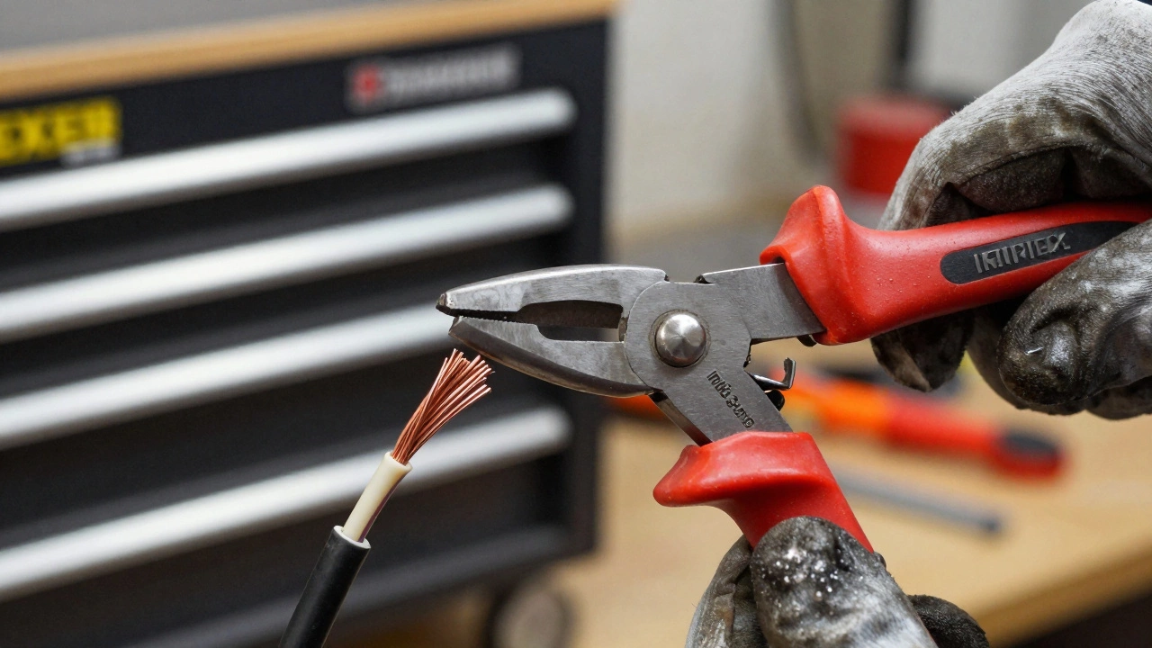 Профессиональные бокорезы разрезают электрический кабель с чистым срезом.