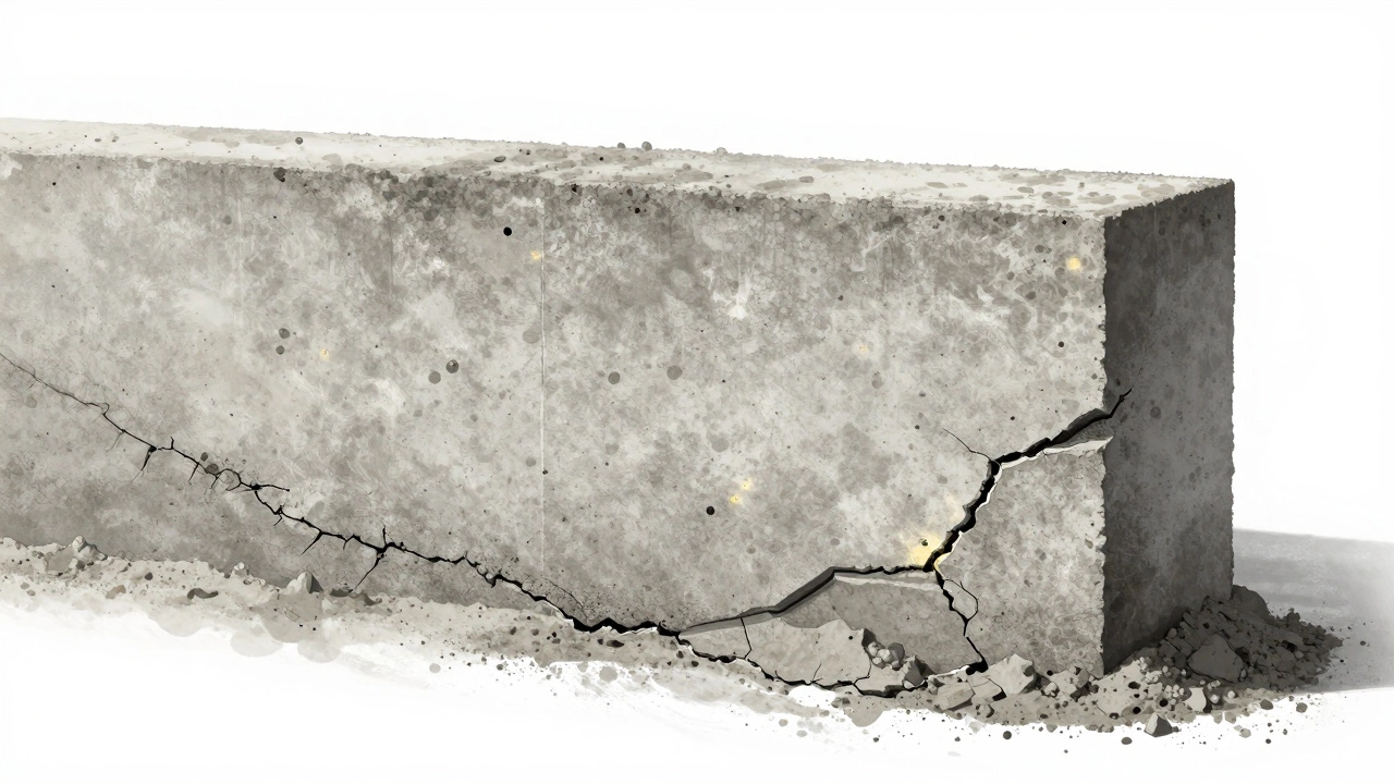 Разрез бетонного фундамента с идеально распределённой структурой раствора и микропорами, в сравнении с треснувшим неправильным составом.