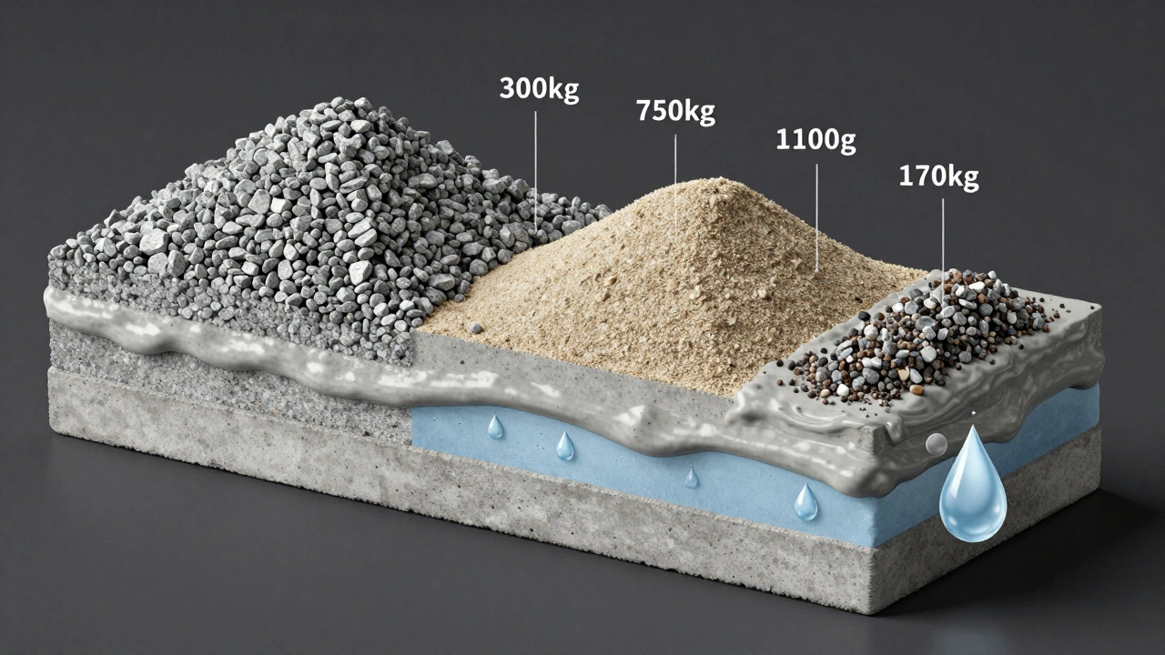 Разрез бетонной смеси с компонентами: цемент, песок, щебень и вода, с указанием массы каждого.