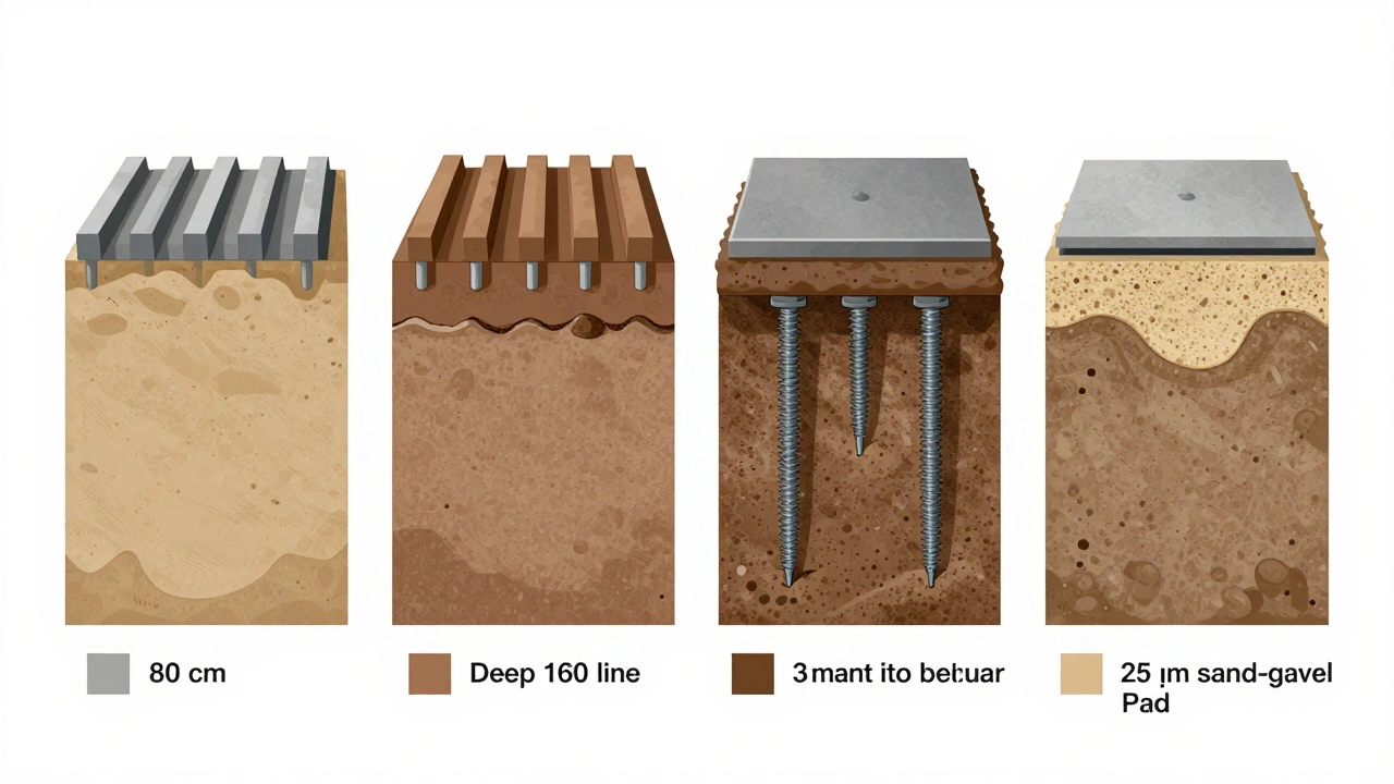 Схема четырёх типов фундаментов: мелкозаглублённый, глубокий, свайный и плита, с указанием слоёв грунта и глубины промерзания.