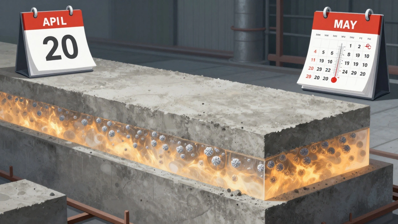 Схематическое изображение процесса гидратации бетона внутри фундамента с кристаллами и календарем.