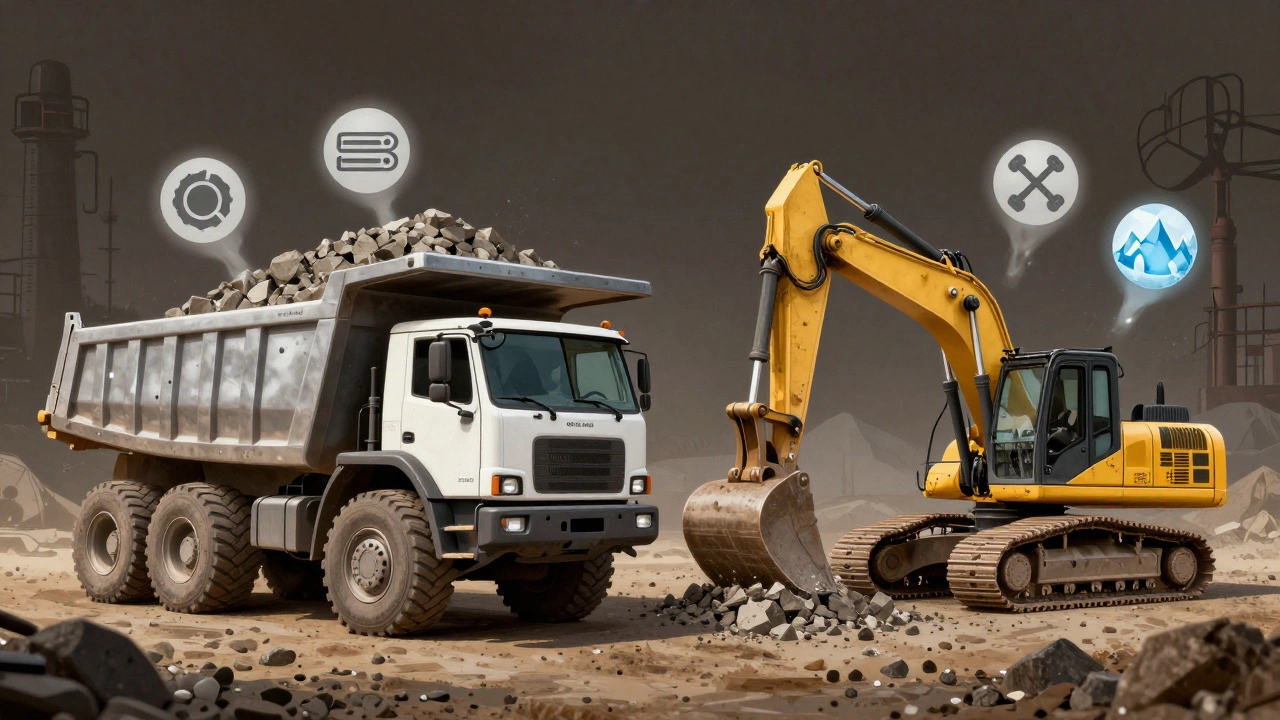 Схематичное изображение самосвала и экскаватора-погрузчика, работающих вместе при перевозке камней.