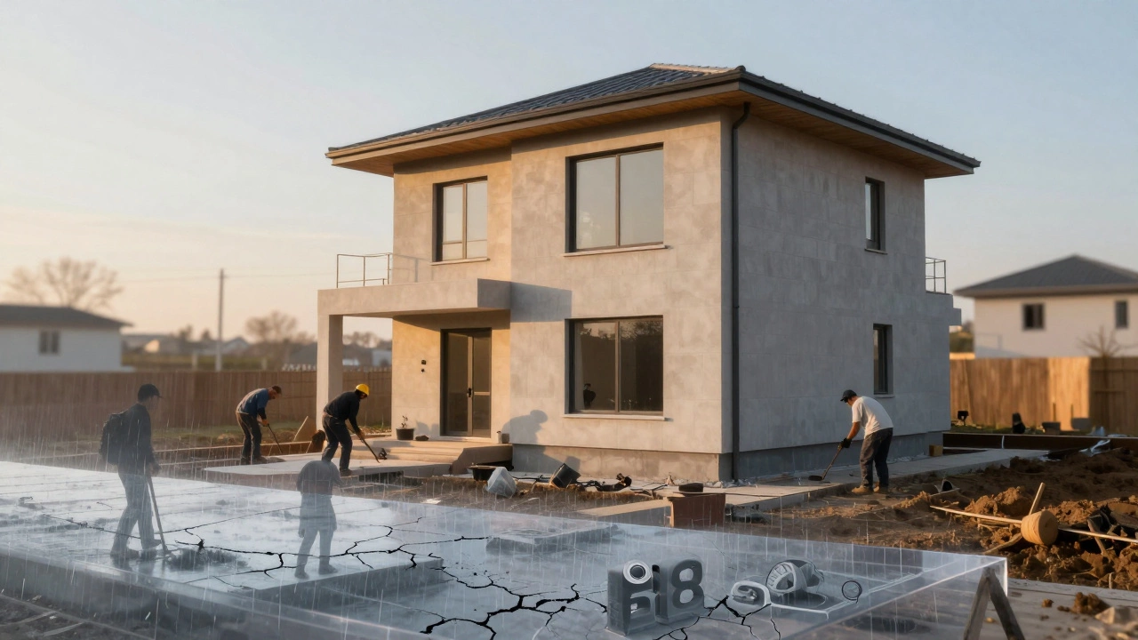 Современный дом на прочном фундаменте, с прозрачным слоем, показывающим скрытый срок созревания бетона.