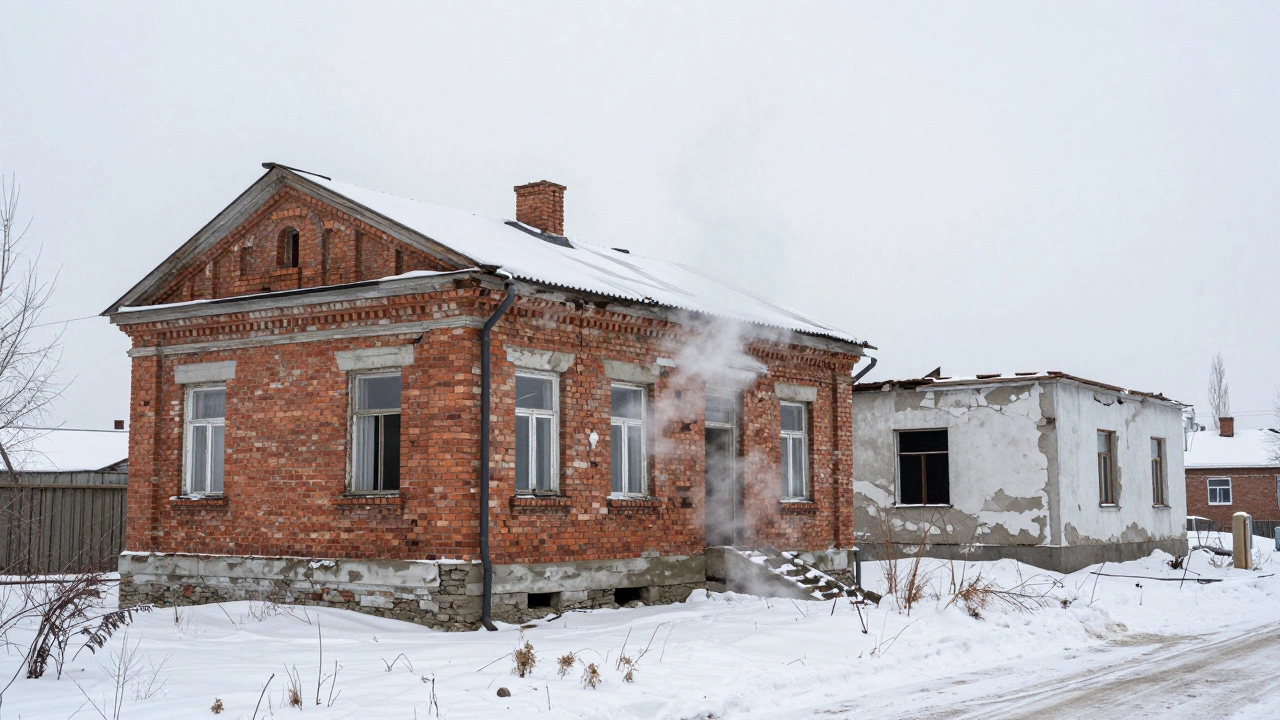 Старый кирпичный дом в России с целым фундаментом рядом с разрушенным современным зданием — контраст качества строительства.