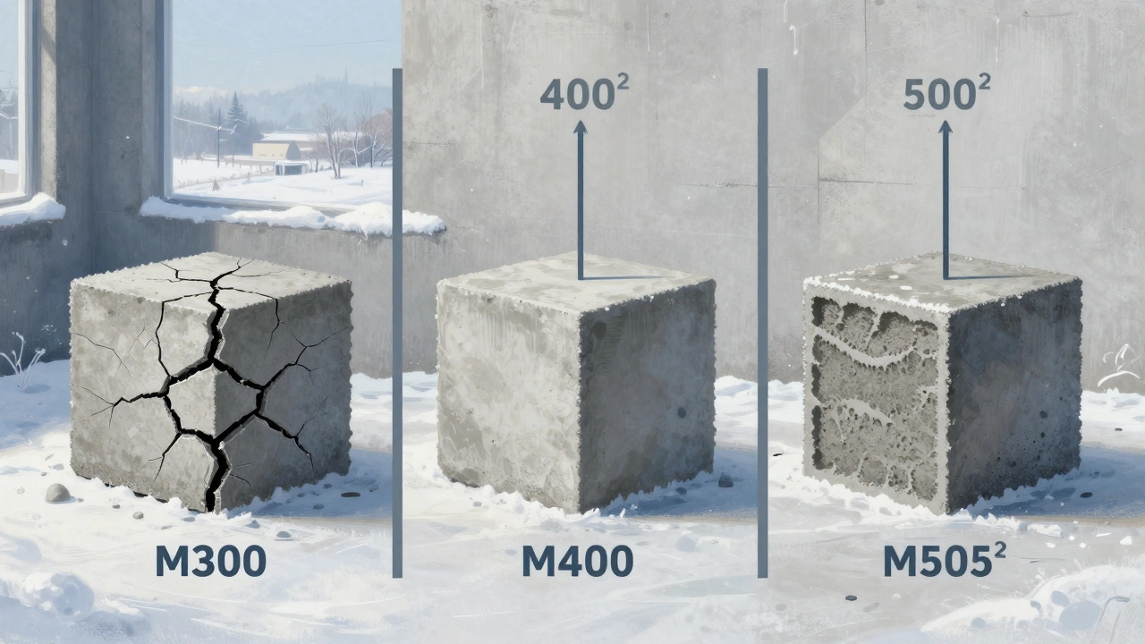 Три бетонных куба под нагрузкой: М300 трескается, М400 выдерживает, М500 — плотная структура.