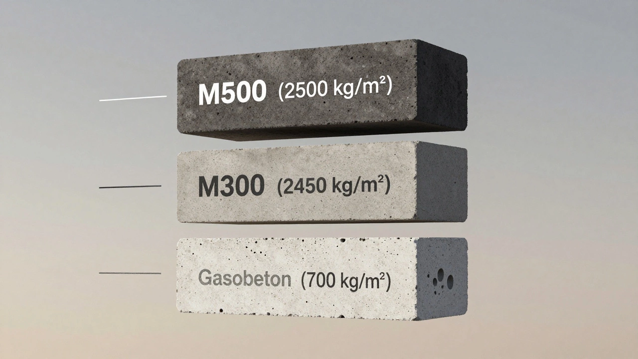 Три блока бетона разной плотности: тяжелый, средний и легкий газобетон, сравнение по весу.