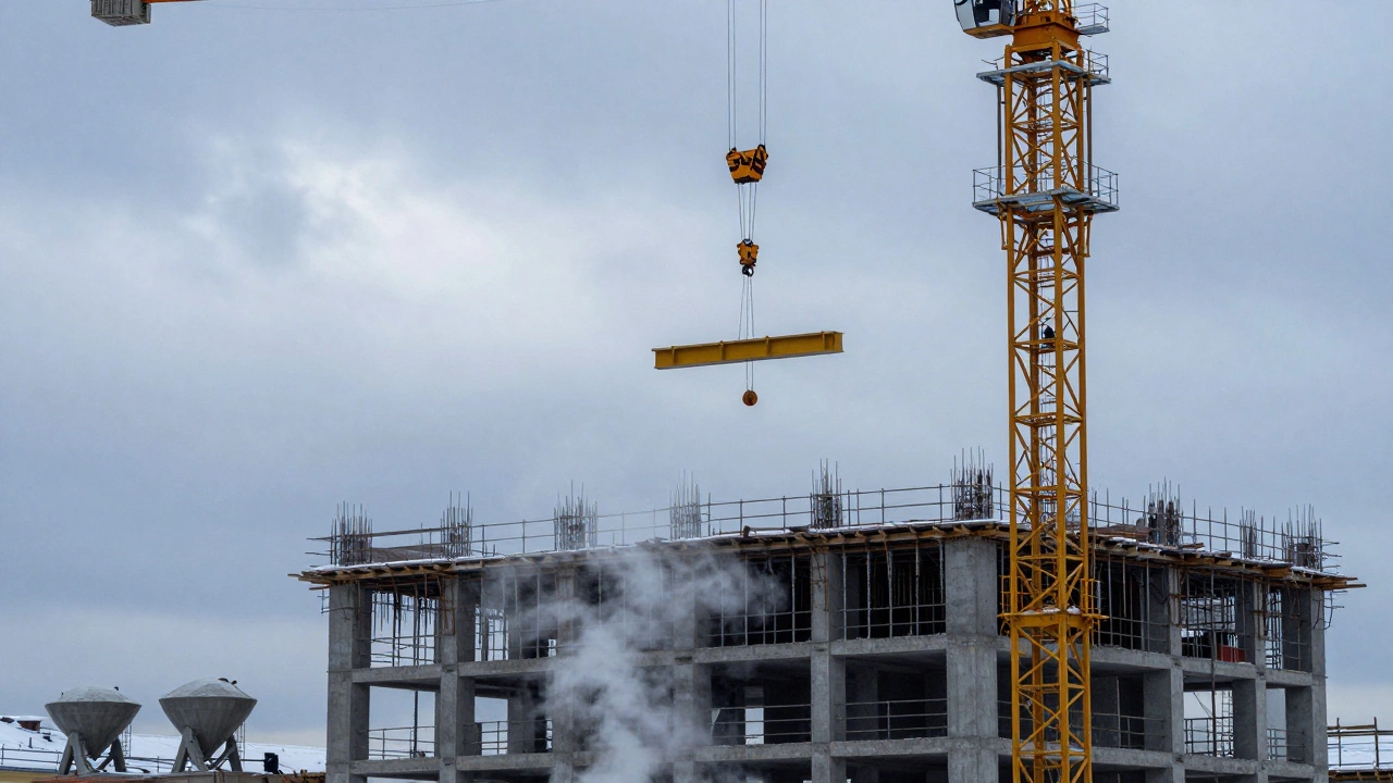 Башенный кран поднимает стальные балки над строящимся зданием в Санкт-Петербурге.