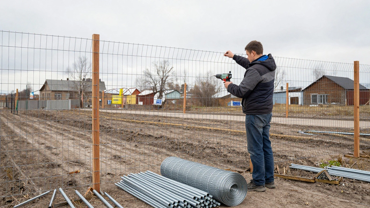 Человек устанавливает сетку-рабицу с помощью перфоратора и плоскогубцев на дачном участке.