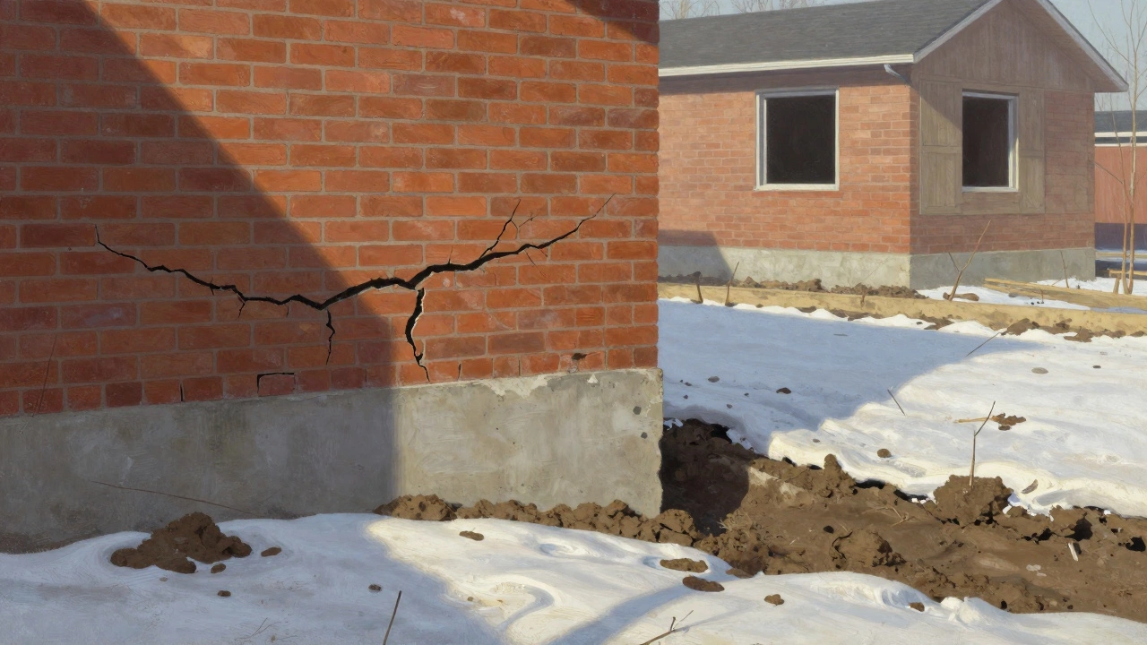Дом с трещинами из-за слишком узкого фундамента, рядом — правильно залитый фундамент на суглинке.