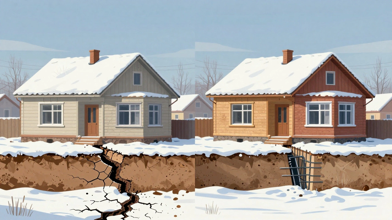 Два дома рядом: один с треснувшим узким фундаментом, другой — с широким и армированным.