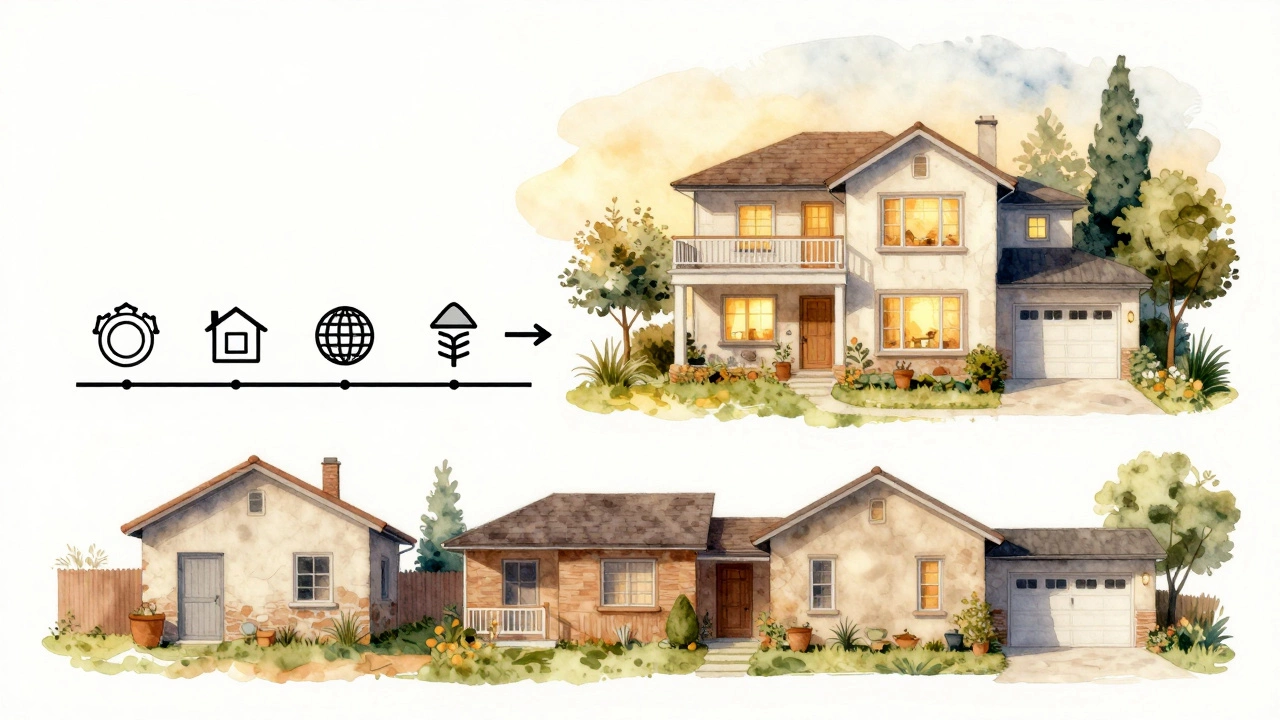Эволюция дома: от простой постройки к комфортному двухэтажному дому с террасой и садом, изображённая в мягкой водяной технике.