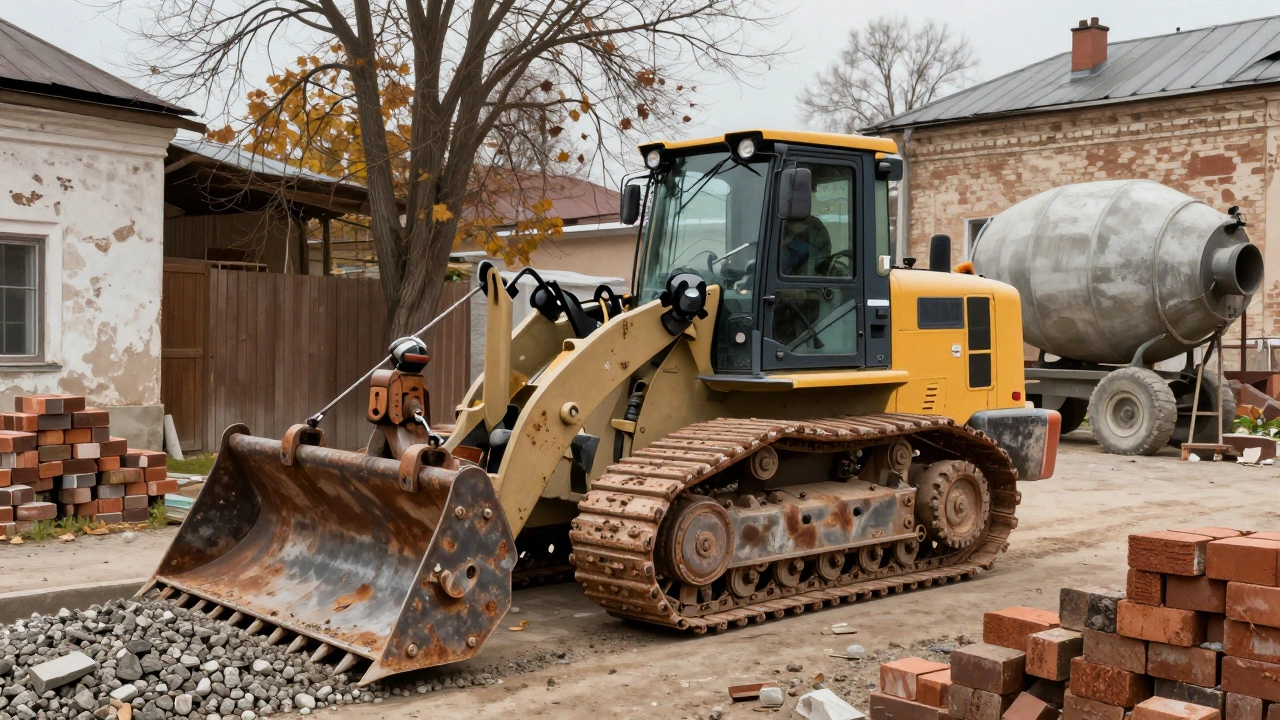 Гусеничный погрузчик с грейфером перевозит материалы в узком дворе.