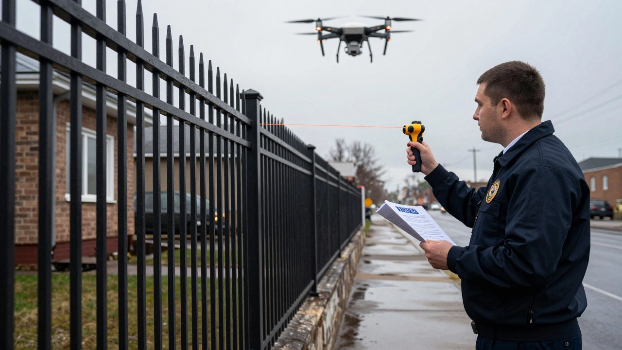 Инспектор измеряет расстояние от забора до дома, дрон в небе, пасмурный день.
