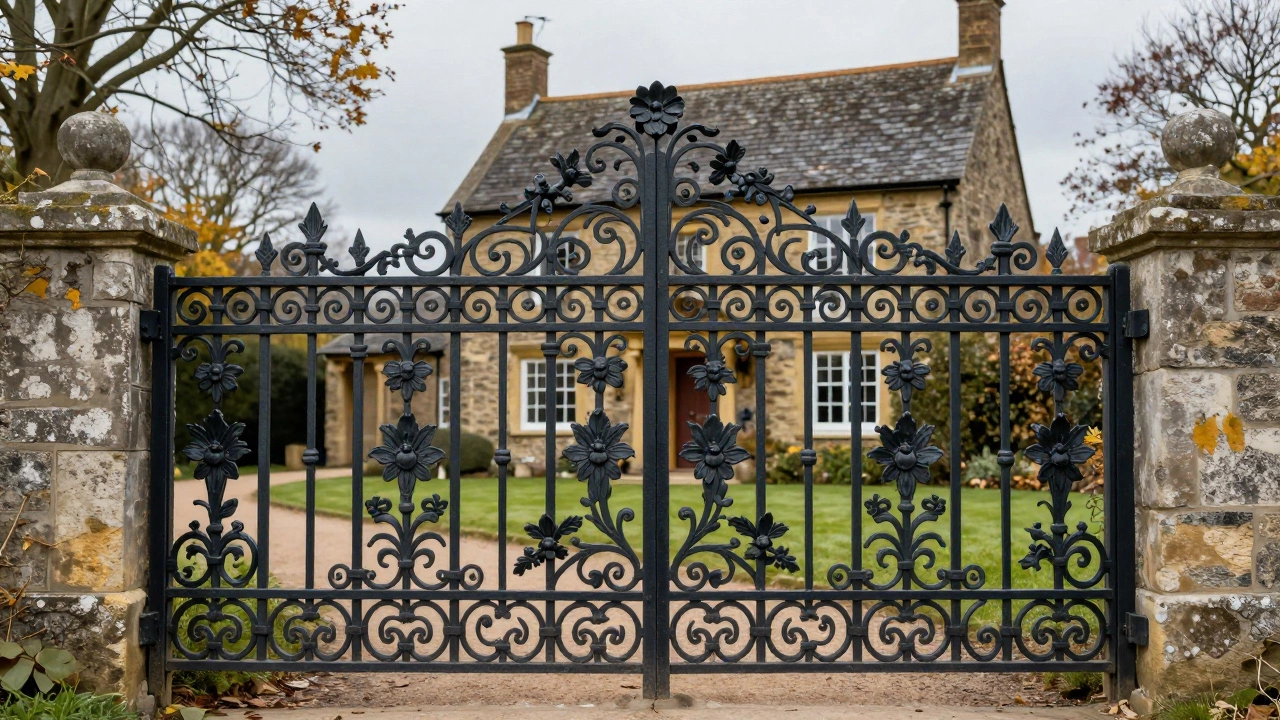 Кованый металлический забор с узорами у элитного коттеджа под осенним небом.