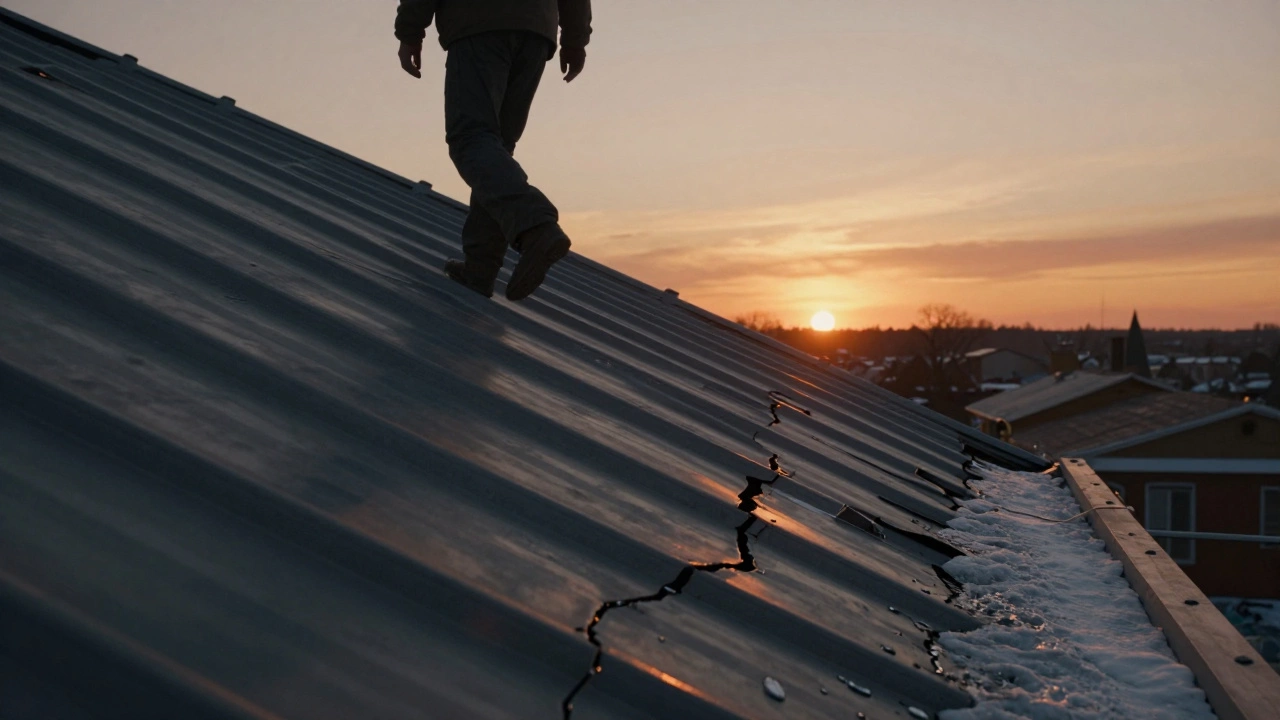 Поврежденная кровля с прогибающимися листами из-за слишком большого шага стропил под снегом.