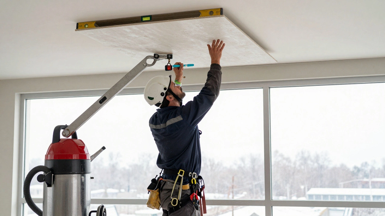 Рабочий поднимает лист гипсокартона на потолок с помощью монтажного подъёмника, рядом пылесос убирает пыль.
