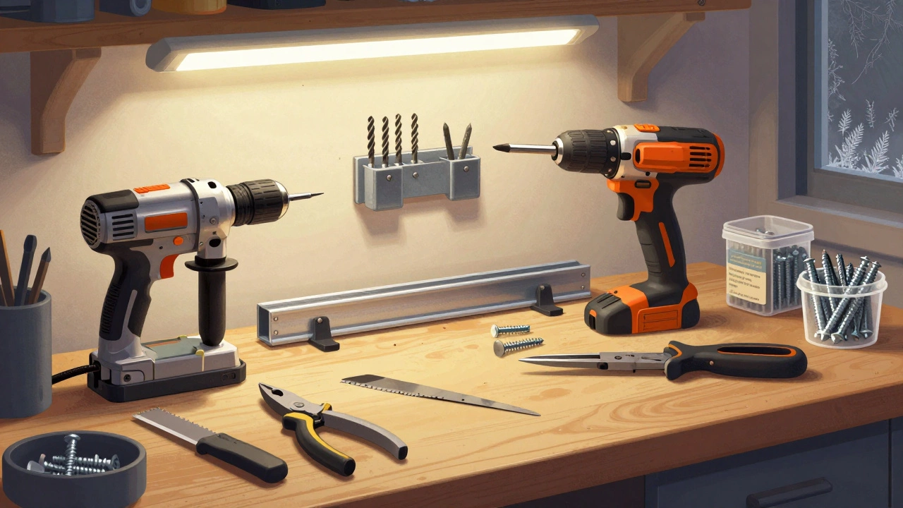 Рабочий стол с профессиональными инструментами для монтажа: перфоратор, шуруповерт, ножницы по металлу и саморезы.
