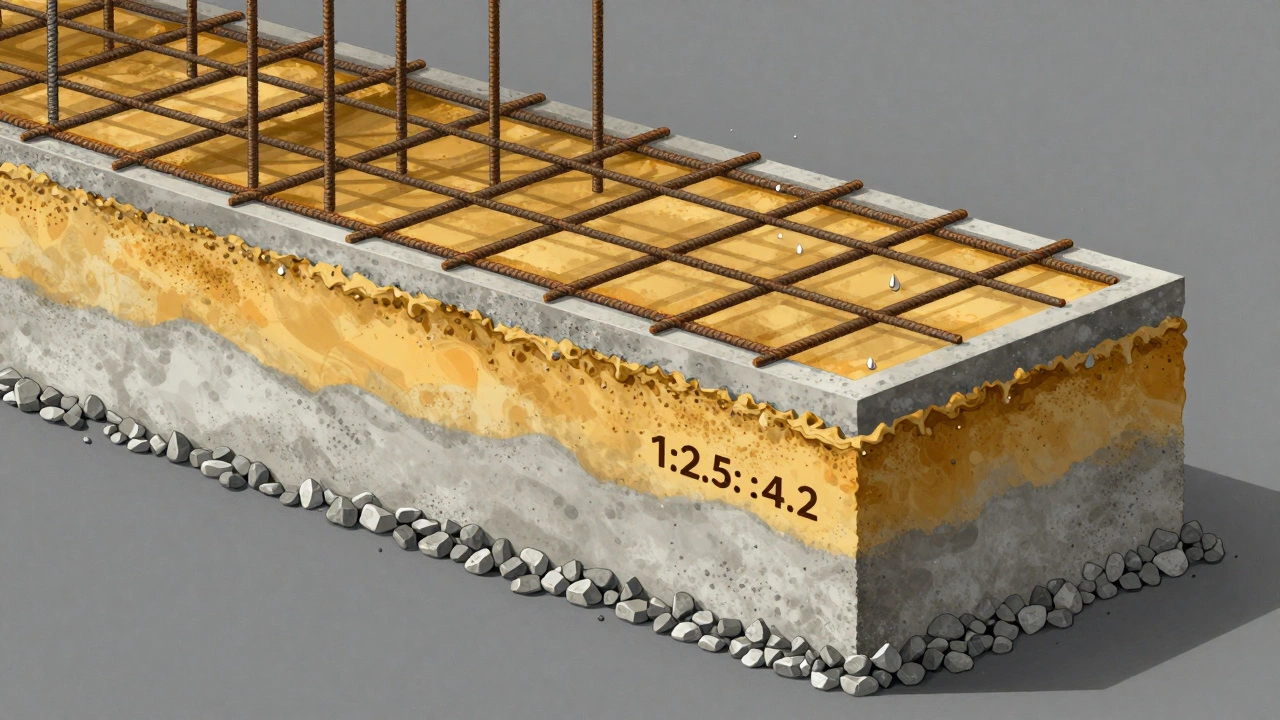 Разрез фундамента с точными пропорциями бетона и арматурой.