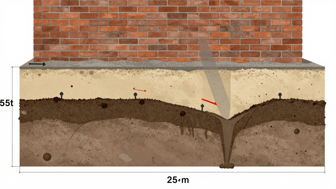 Разрез грунта с对比: правильный широкий фундамент на суглинке и узкий, проваливающийся на торфе.