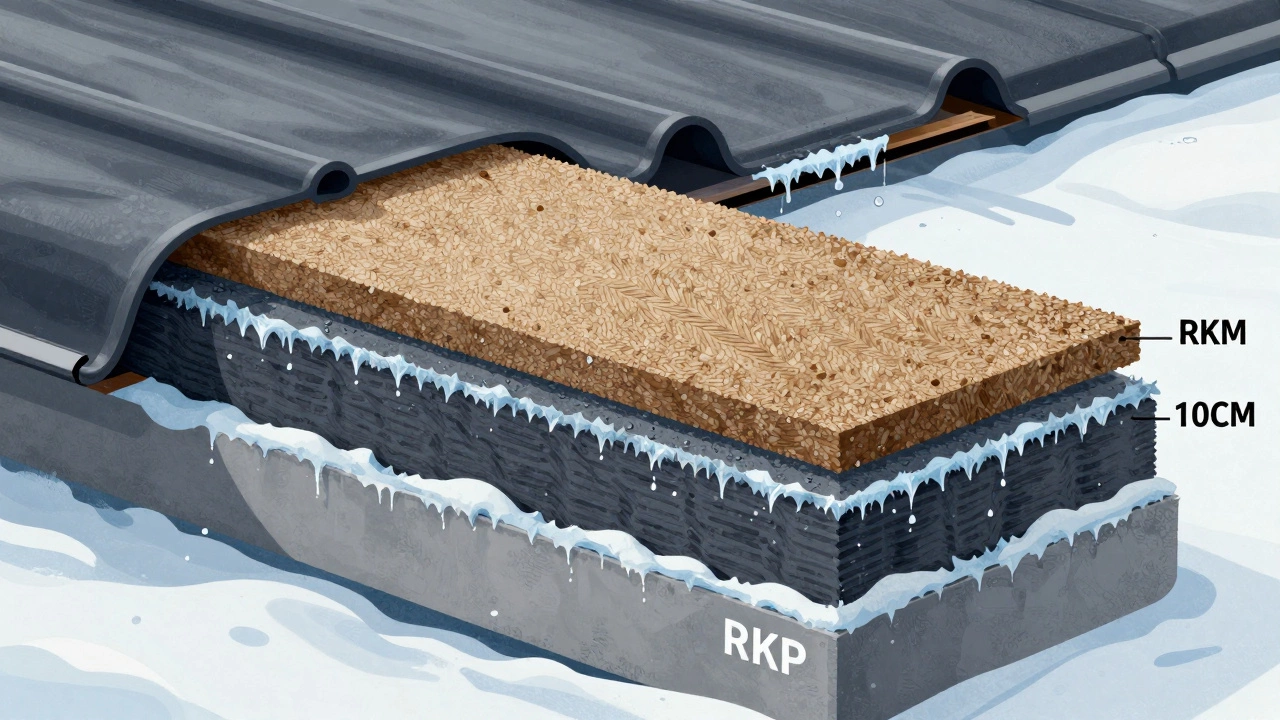 Разрез кровли из трех слоев рубероида с указанием правильных нахлестов и последствий проникновения влаги в ошибочном участке.