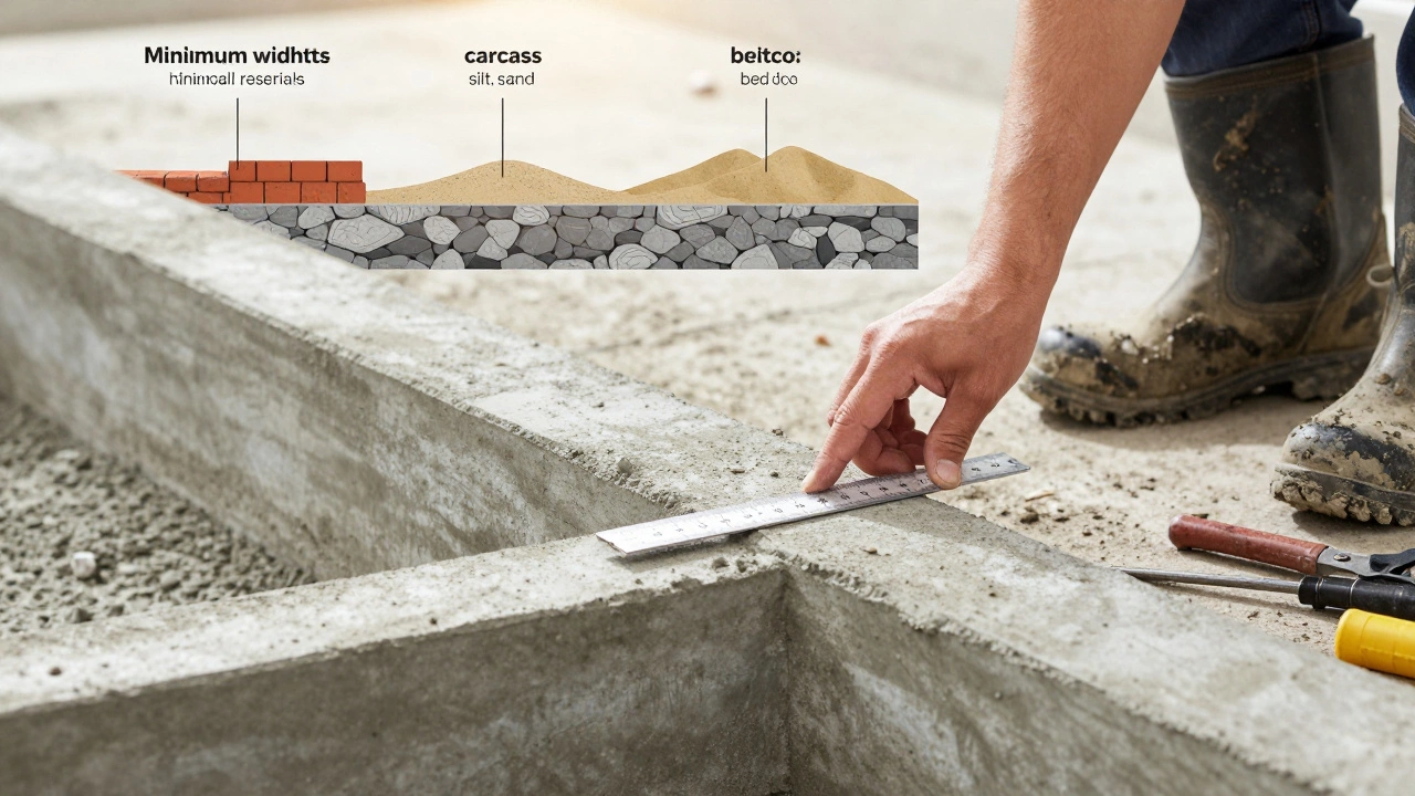 Рука с линейкой измеряет ширину фундамента, рядом — схемы грунтов и типов домов.