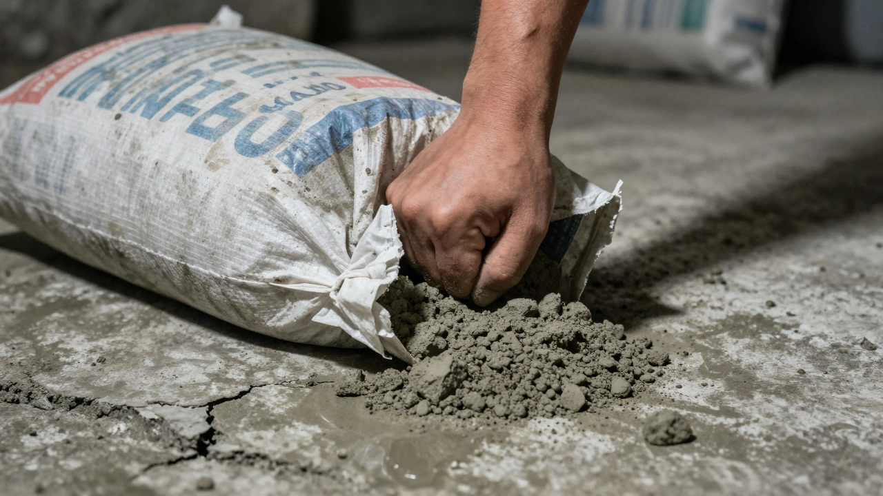 Рука сжимает мешок цемента, из которого вышли комки, рядом — разрушенный фундамент и брошенный мешок М400.