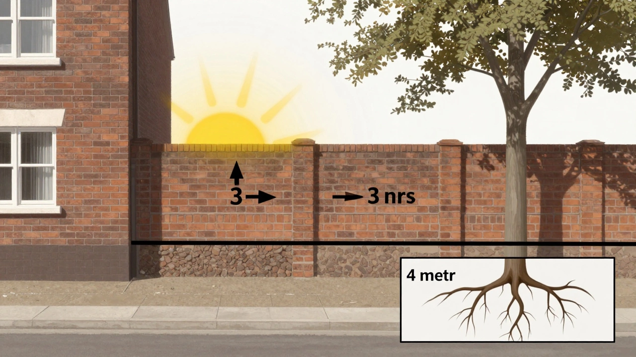 Схема участка с указанием расстояний до забора, солнца, вентиляции и деревьев.