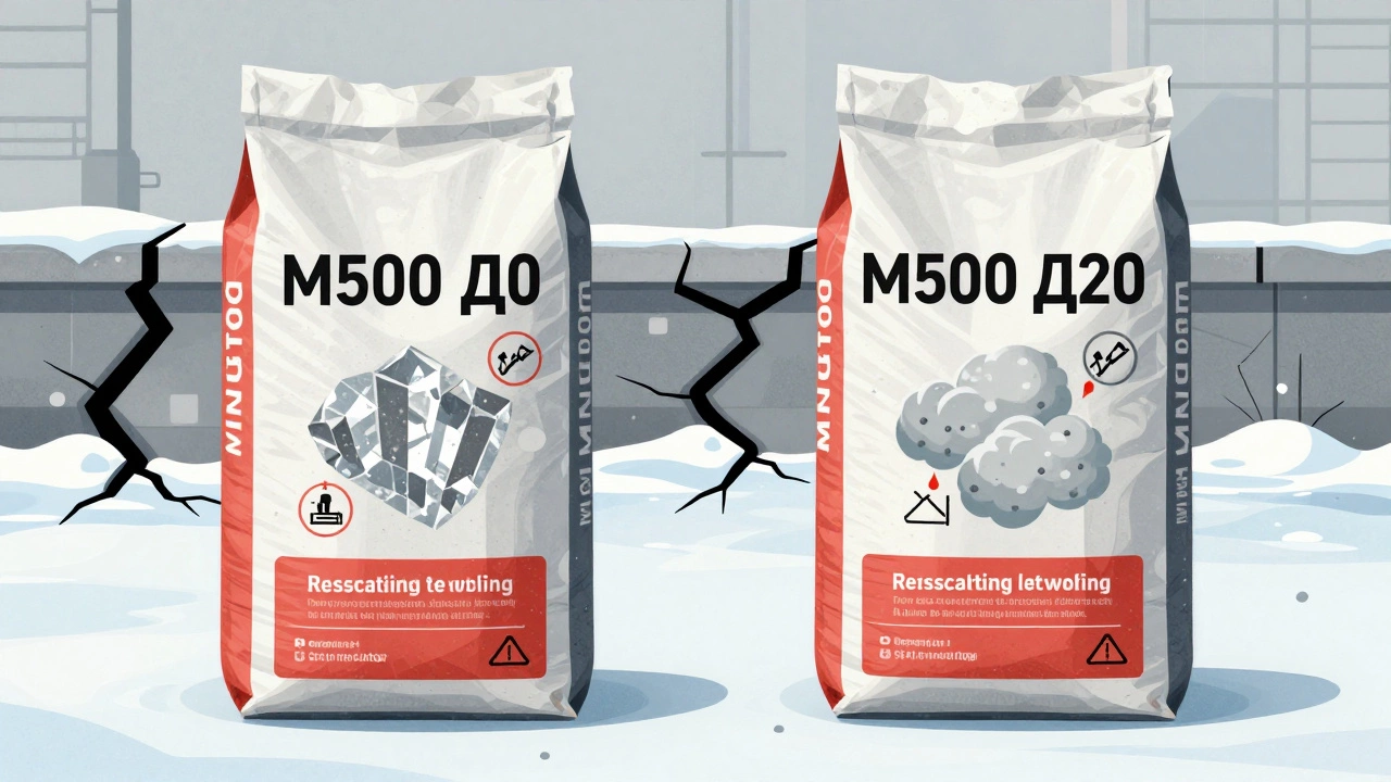Сравнение двух мешков цемента: М500 Д0 с быстрым твердением и М500 Д20 с добавками, на фоне морозного пучения грунта.