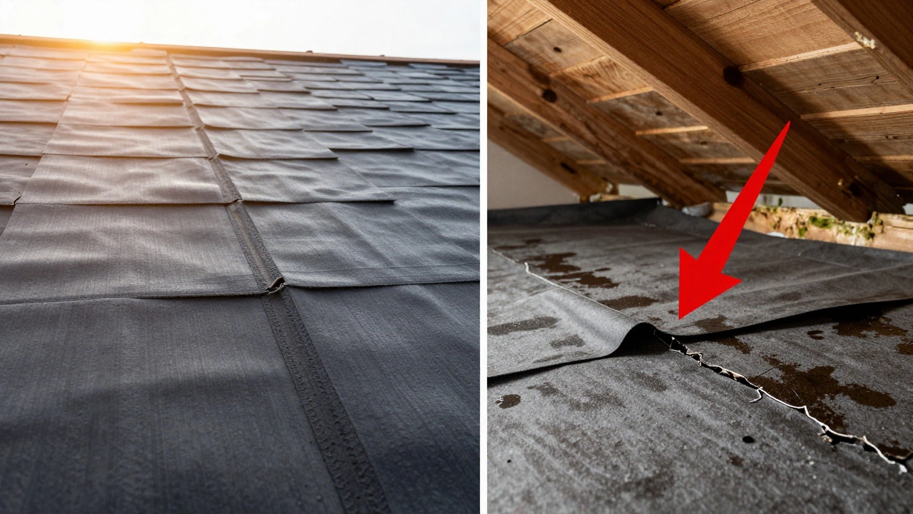 Сравнение: идеально уложенная кровля слева и разрушенная — справа, с акцентом на недостаточный нахлест как причину протечек.