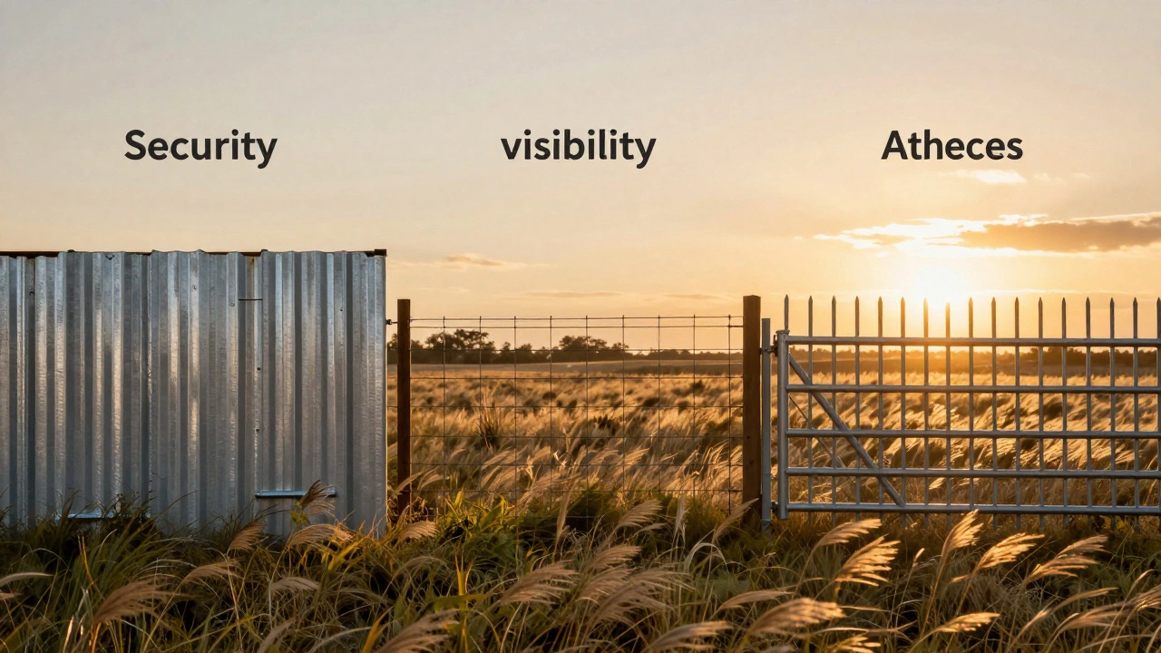 Сравнение трёх типов металлических заборов: профнастил, сетка и штакетник в ландшафте.