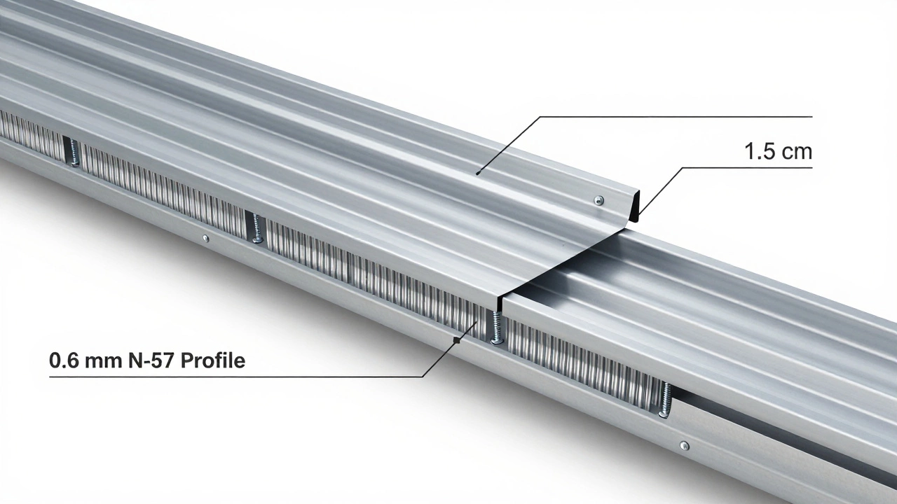 Технический разрез кровли с указанием шага стропил, обрешетки и креплений для профнастила Н-57.