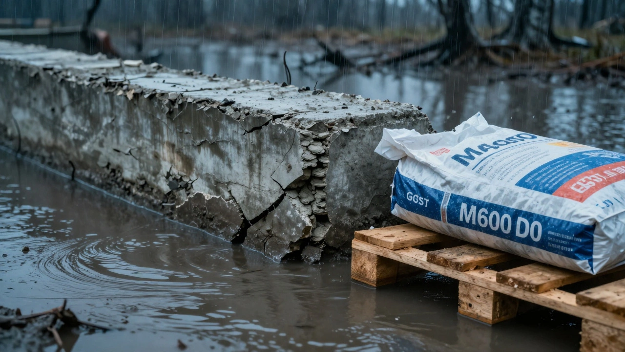 Трещина в фундаменте из просроченного цемента рядом с целым мешком М600 Д0 на сухой подставке в болотистой местности.