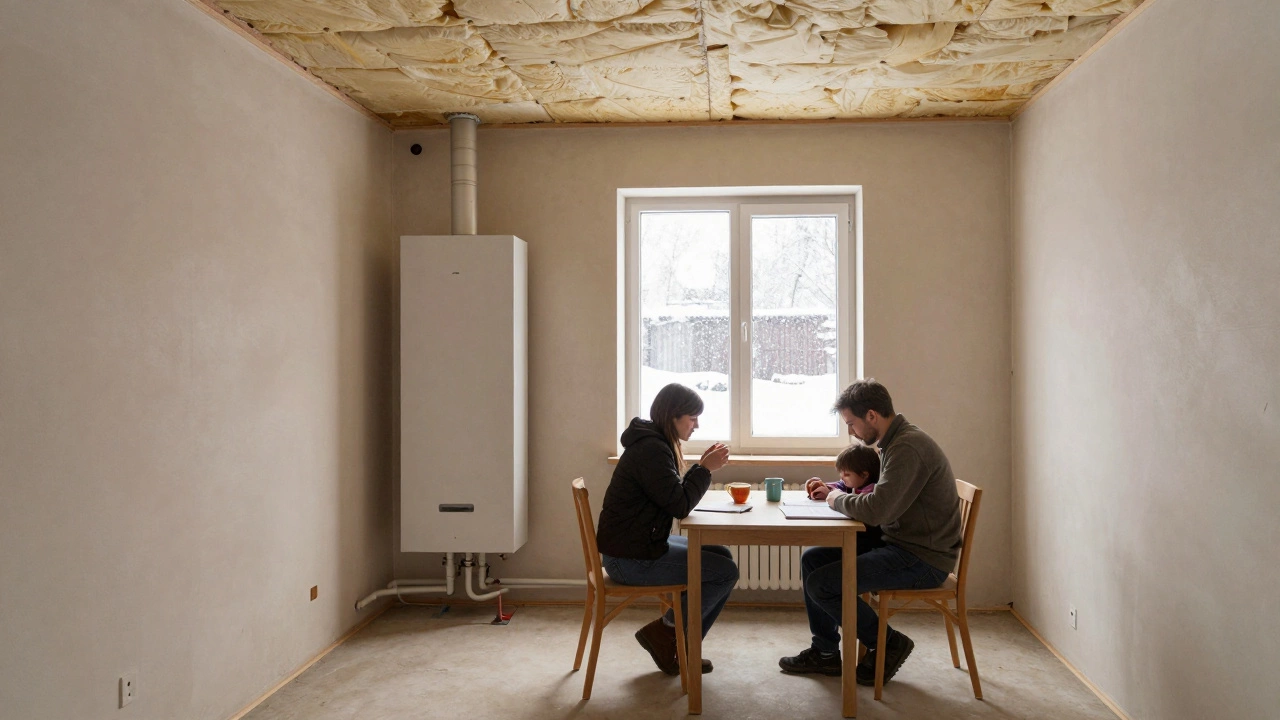 Уютный интерьер дома в первой очереди: грубые стены, батареи, семья пьёт чай за столом под окном со снегом.