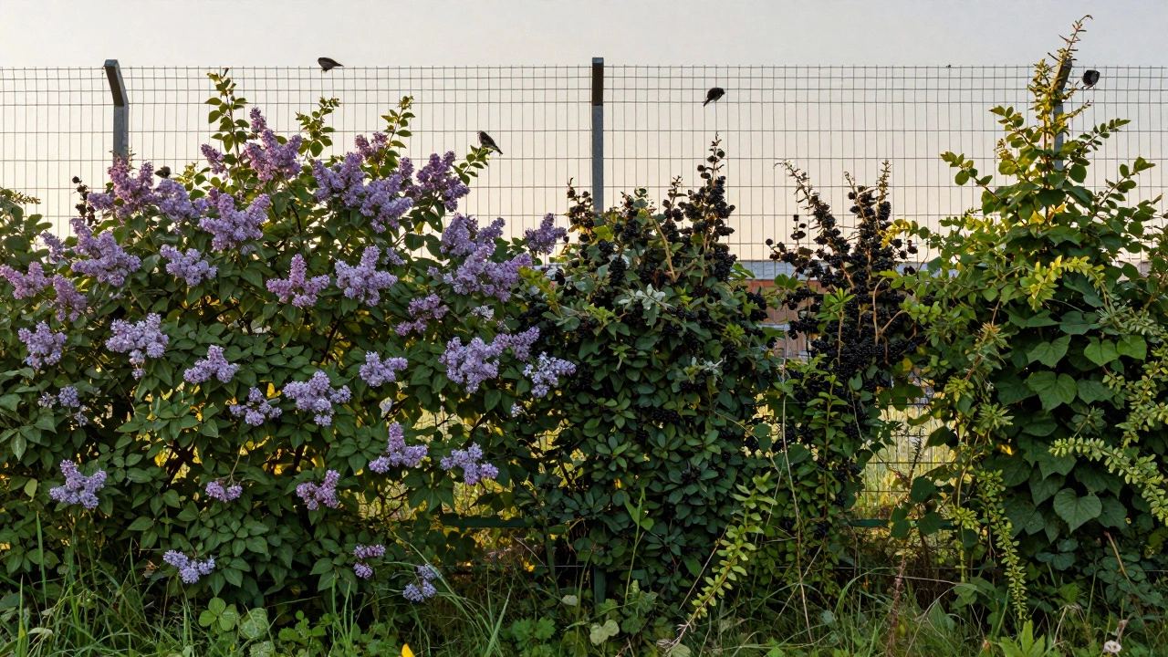 Забор из сетки-рабицы, заросший живой изгородью из барбариса и сирени, на фоне весеннего пейзажа.