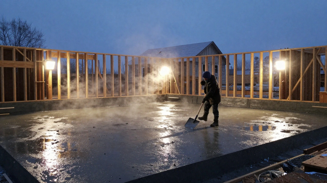 Залитый фундамент под вечерним светом, пар поднимается от бетона.
