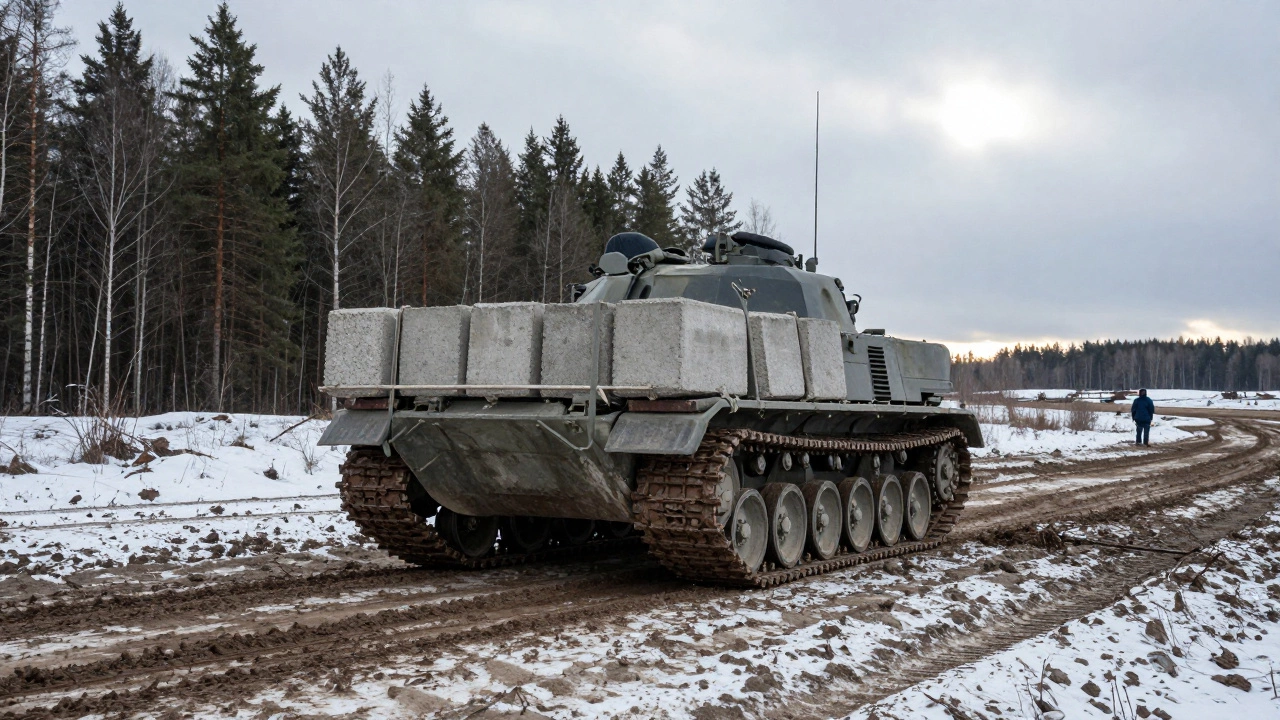 Гусеничный транспортер преодолевает грязь и снег с грузом бетонных блоков в Ленобласти.