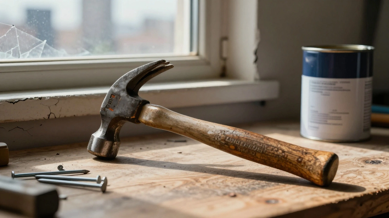 Классический молоток лежит на рабочем столе рядом с инструментами и открытой банкой краски.