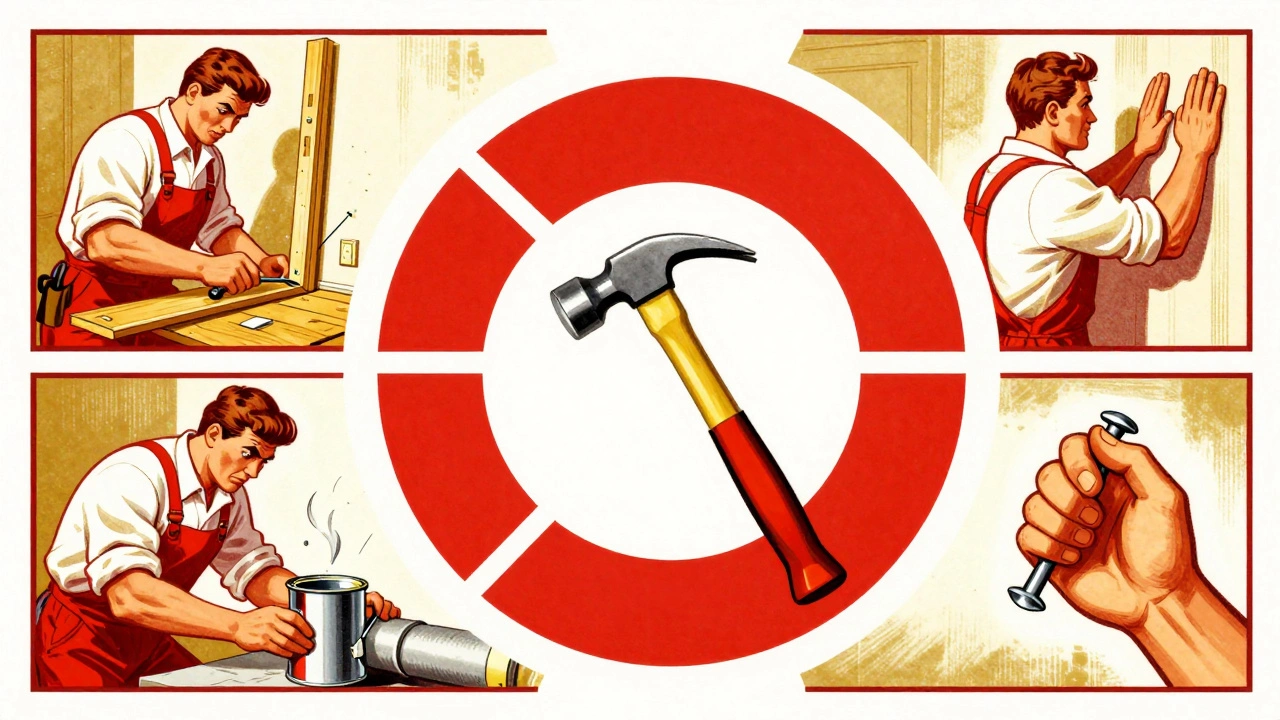 Молоток в центре композиции с шестью сценами его применения вокруг.