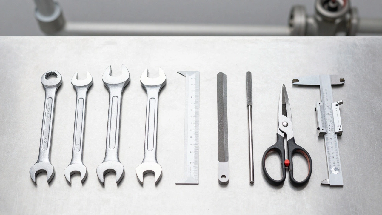 Набор базовых слесарно-монтажных инструментов аккуратно выложен на металлической поверхности.