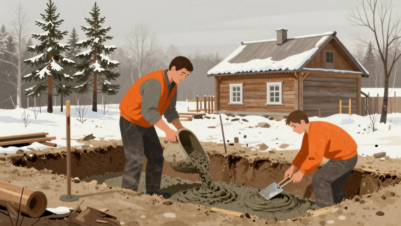 Работник заливает фундамент из цемента М400 при строительстве частного дома.