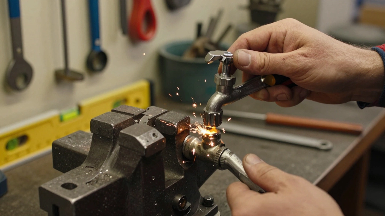 Рука закручивает метчик в трубу, виза удерживает деталь, рядом — напильник и искры.