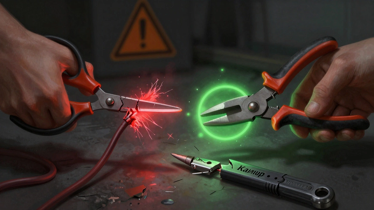 Сравнение: неправильная резка ножницами и правильная — специальными кусачками.