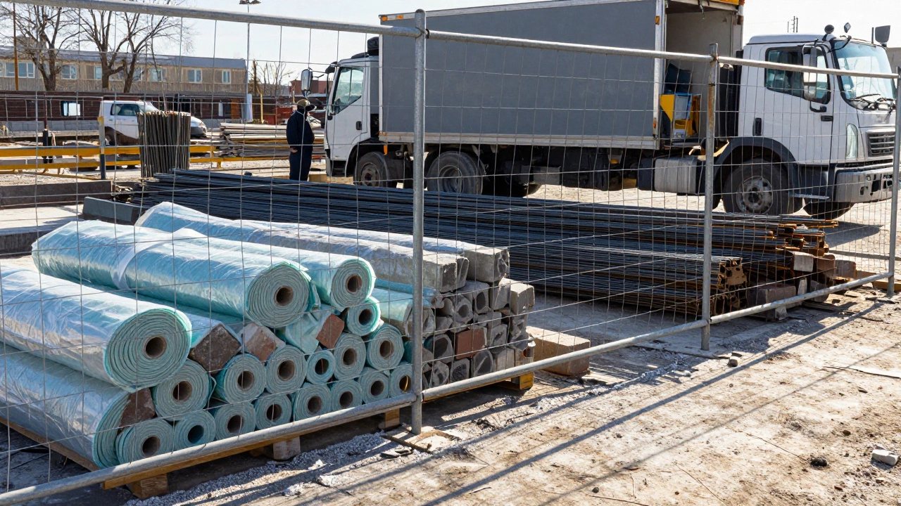 Забор из сетки-рабицы вокруг уложенных стройматериалов на завершенном фундаменте.