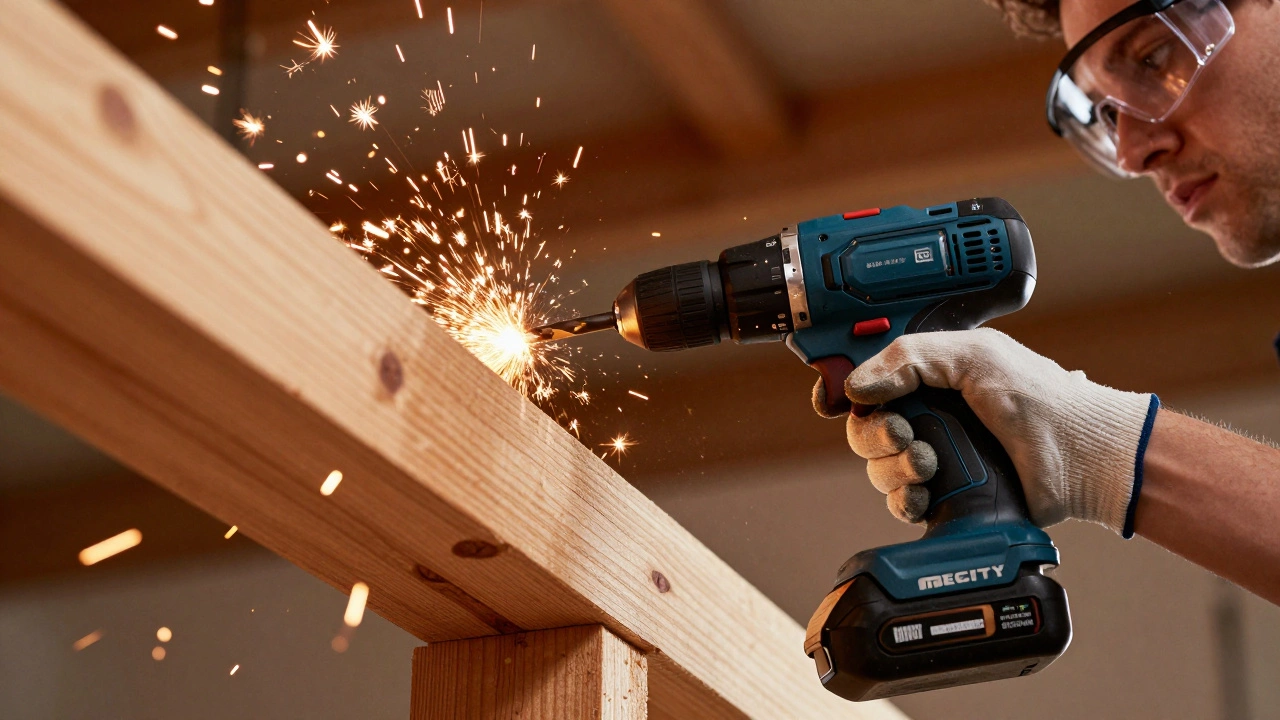 Человек в защитных очках работает аккумуляторной дрелью по дереву.