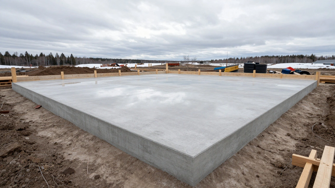 Готовая монолитная плита фундамента на участке ранней весной.