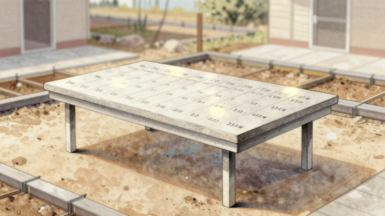 Художественная таблица расхода бетона по толщине слоя, визуализированная как парящий чертёж.