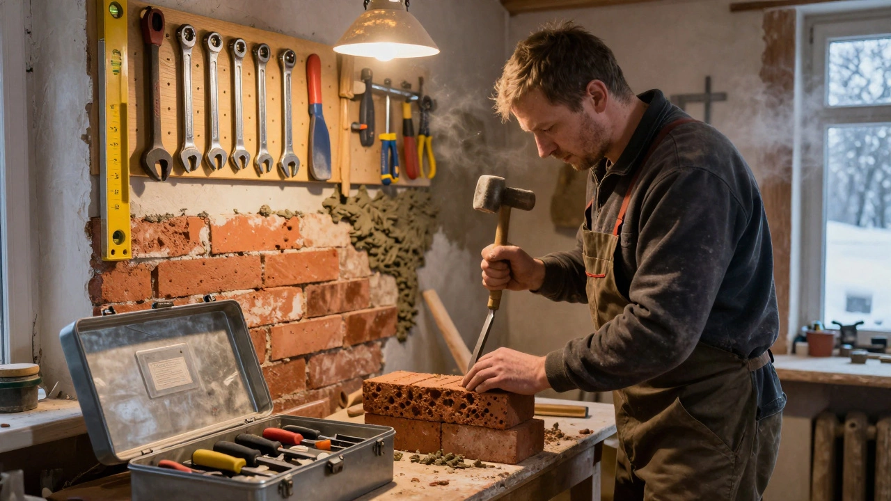 Каменщик работает киркой и киянкой над кирпичом, инструменты на стене, в комнате без электричества.