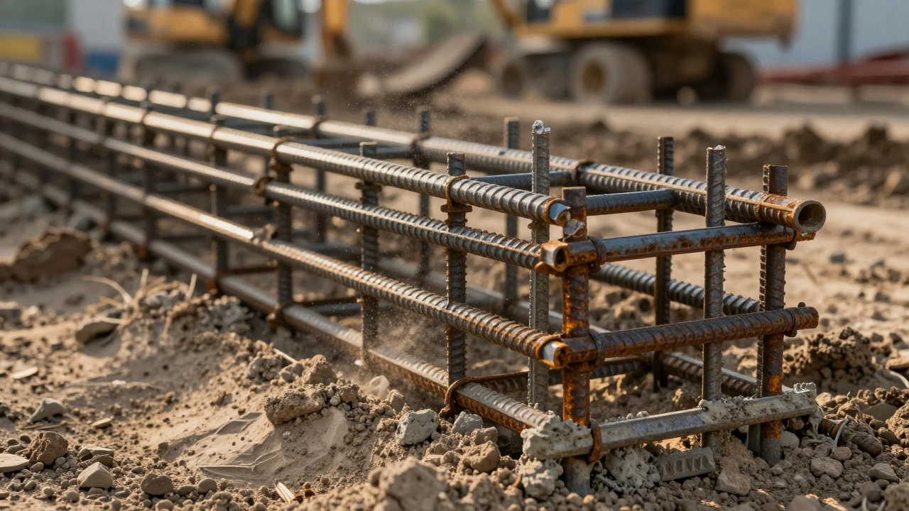 Каркас из арматуры на песке перед заливкой бетонной смеси.